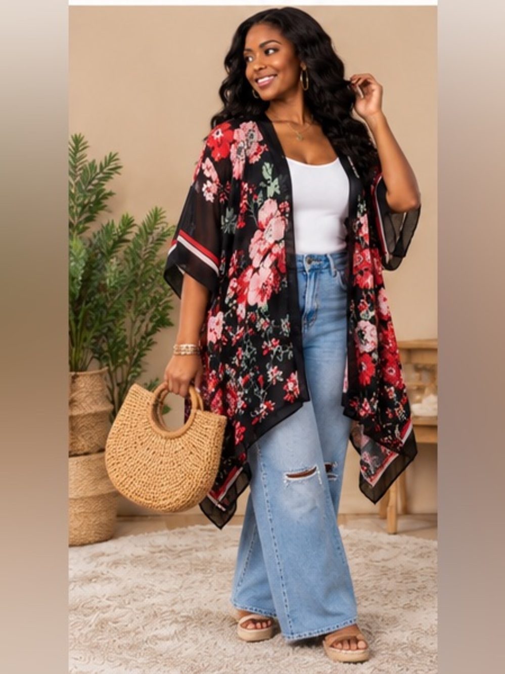 Black Floral Sheer Kimono Wrap - Red Floral
